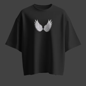 Unisex Oversized Black Graphic T-Shirt – Angel & Wings Design
