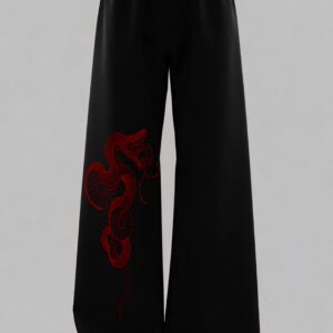 Black Loose Fit Track Pants with Red Snake Graphic Print