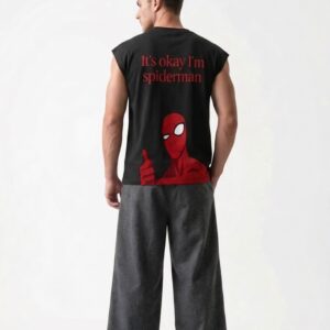 Men's Oversized Sleeveless Printed Cotton Tank T-Shirt | Casual Streetwear Gym Vest | Black